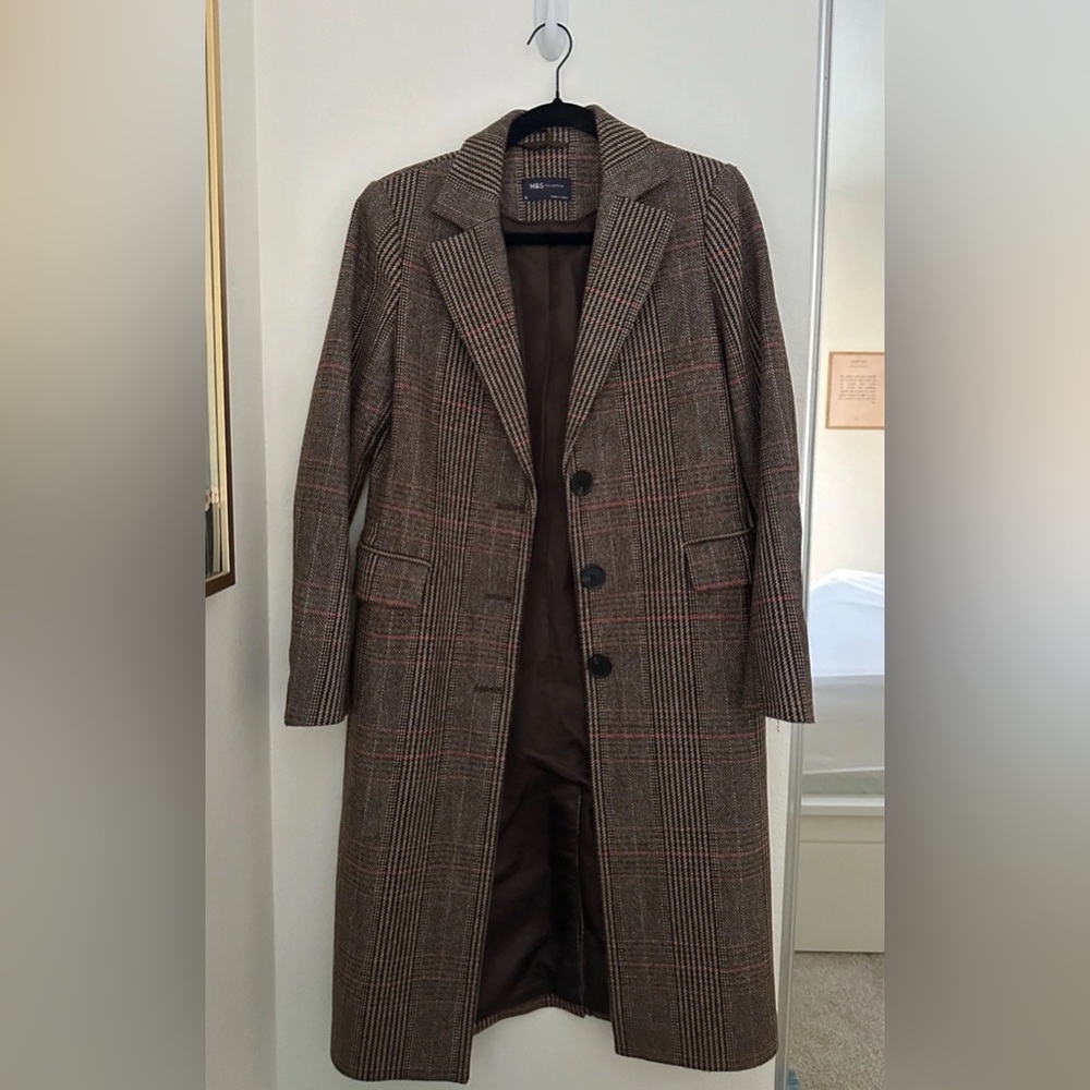 Classic Plaid Long Coat in Brown with Subtle Red Windowpane Mark & Spencers UK